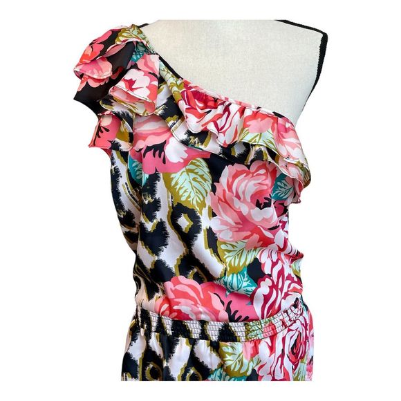 Arden B Womens Pink Black Floral Print One Shoulder Drop Waist Top Sz L NWT - Picture 4 of 8